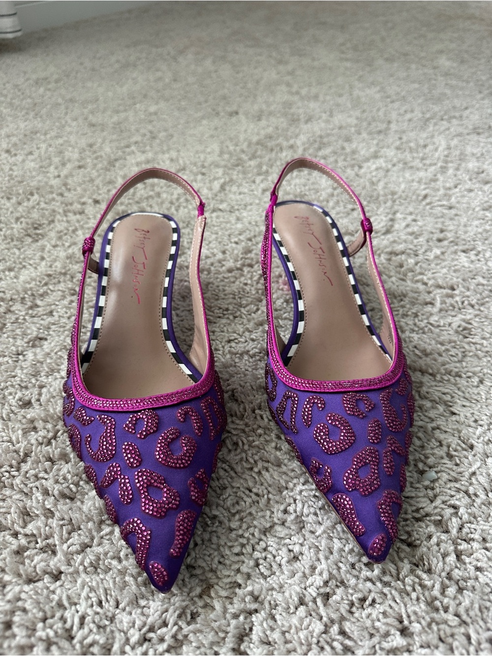 Betsey Johnson Purple with Pink Beaded Leopard Slingback Heels